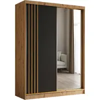 Masseno Schiebetürenschrank NELVIA 160 cm Kleiderschrank Schlafzimmer Schrank 2-türig mit Spiegel und Lamellen Eiche Artisan