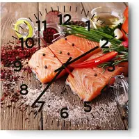 ARTTOR Wanduhr - Quadrat - Glasuhr - Lachs Fisch Essen Küche - 40x40cm - Schleichendes Uhrwerk - Lautlos - zum Aufhängen bereit - Dekoration Modern - Wanddekoration aus Glas - C4AC40x40-2822