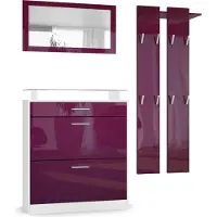 Vladon Garderobe Loret mini, Garderobenset bestehend aus 1 Schuhschrank, 1 Wandspiegel und 2 Garderobenpaneele, Weiß matt/Brombeer Hochglanz