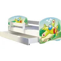 ACMA Jugendbett Kinderbett Junior-Bett Komplett-Set mit Matratze Lattenrost und Rausfallschutz Weiß 29 Flugzeug 180x80 + Bettkasten