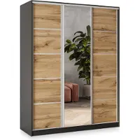 Masseno Schiebetürenschrank NATA 160/205/58 cm Kleiderschrank mit 4 Schubladen Schlafzimmer Schrank 3-türig mit Spiegel Schwarz / Eiche Wotan
