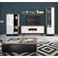 Lomadox Wohnzimmer Set inkl. Couchtisch BRISTOL-129 in Catania Eiche Nb. mit schwarz und weiß Hochglanz
