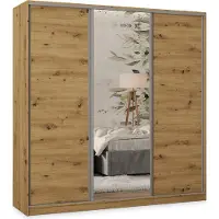 Masseno Schiebetürenschrank TARI 200/205/58 cm Kleiderschrank mit 4 Schubladen Schlafzimmer Schrank 3-türig mit Spiegel Eiche Artisan