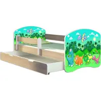ACMA Jugendbett Kinderbett Junior-Bett Komplett-Set mit Matratze Lattenrost und Rausfallschutz Sonoma 30 Dino 160x80 + Bettkasten