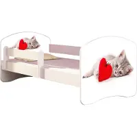 ACMA Jugendbett Kinderbett Junior-Bett Komplett-Set mit Matratze Lattenrost und Rausfallschutz Weiß 40 Katze mit Herz 180x80