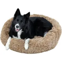 Zöllner Hundebett Katzenbett Donut, 80 cm rund, hellbraun mit kuscheligen Langhaarplüsch