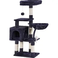 Markenlos Katzenturm mit Spielzeug - Katzenbaum für Wohnungskatzen - gemütliches Katzenhaus mit gepolstertem Plüschplatz und Hängematte - Sisal-Kratzsäulen - rauchgrau