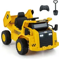 Goplus 12V Muldenkipper für Kinder, Caterpillar Elektroauto zum Draufsitzen, Elektro Kinderauto mit 2,4-G-Fernbedienung, Kippmulde, Gelb