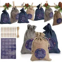 TolleTour 24 Adventskalender zum Befüllen, Stoffbeutel Geschenksäckchen Weihnachten für Weihnachtskalender, Adventskalender Säckchen mit 1-24 Adventszahlen Geschenkanhänger,Blau /weiß /grau