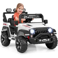 Goplus 12V Elektroauto für Kinder, Kinderauto mit 2,4G Fernbedienung, Musik, LED-Leuchten, Leistungsanzeige, Sanftanlauf & 3 Geschwindigkeiten, Weiß