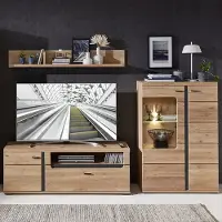 Lomadox Anbauwand mit Esche Massivholzfronten und Beleuchtung STAVEN-36 mit Absetzungen in schwarz matt, B/H/T ca. 255/200/42 cm