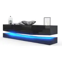 Vladon Lowboard City, Germany, TV-Kommode mit Sockelelement, 1 offenem Fach und 3 Schubkästen, Schwarz Hochglanz/Schwarz Hochglanz, inkl. LED-Beleuchtung (178 x variabel x 39 cm)