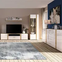 Lomadox Wohnwand in Eiche Nb. AKRON-131 modern mit Fronten in Hochglanz weiß 4-teilig inkl. Sideboard
