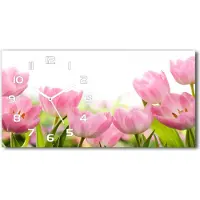 Tulup Wanduhr aus Glas – 60x30 cm - Glasbild - Glasuhr - Gehärtetes Glas - weisse-zeiger - Rosafarbene Tulpen