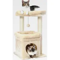 Markenlos Kleiner Katzenbaum, mehrstöckiger Katzenturm mit Sisal-überzogenem Kratzbaum, gemütlicher Katzenwohnung und großer Katzensitzstange für Hauskatzen, Beige