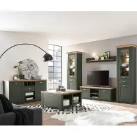 Lomadox Landhaus Wohnwand Set mit Anrichte & Couchtisch CINCINNATI-61 in grün mit Wotan Eiche, mit Beleuchtung, B/H/T: 328/207/45cm
