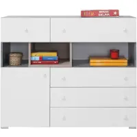 Masseno Kommode GALIA 110 cm Sideboard mit 5 Schubladen und 1 Türen für Wohnzimmer Schlafzimmer Modern 110x40x90 cm Weiß / Weiß