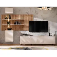 Furn.Design Wohnwand "Laelia" in Sand matt und Artisan Eiche 280 cm Schrankwand inklusive LED Beleuchtung, Push-to-Open