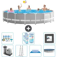 Intex Round Prism Frame Swimming Pool – 548 x 122 cm – Grau – inklusive Pumpe – Leiter – Bodenplane – Abdeckung Wartungspaket - Filter - Bodenfliesen