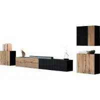 Mirjan 24 Wohnwand Capital IV, Große Anbauwand, Wohnzimmer-Set (Farbe: Schwarz / Schwarz + Wotan Eiche)