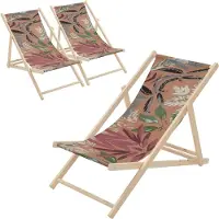 ECD-Germany 3er Set Liegestuhl klappbar Floral Braun-Rot-Grünaus Holz Sonnenliege mit 3-Fach verstellbarer Rückenlehne Strandliege für Garten Balkon