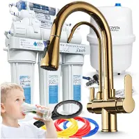 ARI Wasserfilter Set RO7 mit 3-Wege Küchenarmatur Nordic Gold, 7-stufige Osmoseanlage, Mineralisierung