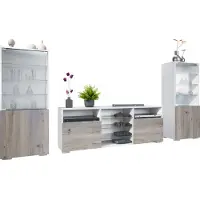 Vladon Wohnwand Granada, Anbauwand bestehend aus 2 Vitrinen und 1 TV-Board, Weiß matt/Eiche Nordic (286 x 122,5 x 35 cm)