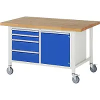 RAU Mobile Werkbank mit Schrank - 4 Schubladen - Vollauszug - 90:2 / 180:2 - Höhe 920-1.120 mm - 1.500 x 900 mm (BxT) - Traglast 450 kg - Buche
