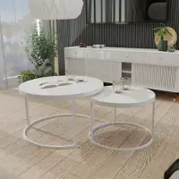 Idohome - Runder Couchtisch 2in1 LAVO mit Metalgestell, 70x48 cm+50x42 cm (Ø x H) Farbe: Weiß / Weiß Hochglanz