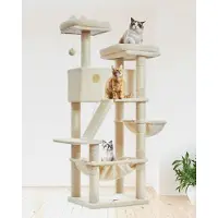 Markenlos 146CM Kratzbaum Groß, Katzenbaum Katzen Kratzbaum Grosse Katzen Stabil mit 2 Katzenhaus, Metallhängematte, Korb, 8 Kratzsäulen, Katzenkratztafel, Beige MS026M