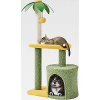 Markenlos Kokospalme Katzenbaum, 94 cm Moderner Kleiner Kratzbaum Kletterbaum für Kätzchen, mit Katzenhöhle Plattform Sisalstämme, Grün-Gelb