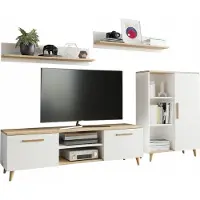 Matkam Wohnwand Wohnzimmermöbel-Set Oslo, 4-teilig, 1 x TV-Kommode H47x B150 x T40 cm, 1 x Wohnzimmerkommode H112 x B80 x T30cm, 2 x Hängeregale H20 x B100 x T20 cm (Weiß-Artisan Eiche)