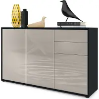 Vladon Sideboard Ben V3, Kommode mit 3 Türen und 2 Schubladen, Schwarz matt/Sandgrau Hochglanz (117 x 74 x 36 cm)