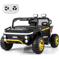 Costway Elektroauto für Kinder 2-Sitzer, 24V Kinderauto elektrisch mit Hupe, Musik, Licht, Fernbedienung, Stauraum&Ziehstab für Kinder 3+Schwarz