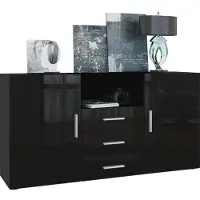 Vladon Sideboard Skadu, Kommode mit 2 Türen, 3 Schubladen und 1 offenem Fach, Schwarz matt/Schwarz Hochglanz (138,5 x 71,5 x 35 cm)