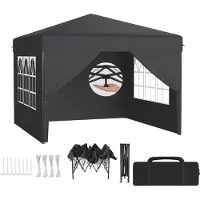 LZQ Pop-Up Pavillon 3x3 m Faltpavillon für Garten & Terrasse, Wasserdicht, UV-Schutz, Ein-Knopf-Schnellaufbau, 3-fach höhenverstellbar, Anthrazit (mit Seitenwände)