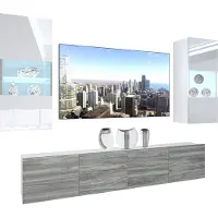 Belini Wohnwand Vollausstattung Wohnzimmer-Set Moderne Schrankwand mit LED-Beleuchtung Weiß Glänzend Anbauwand TV-Schrank Weiß / Glamourholz Glänzend/Matt