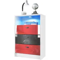 Vladon Kommode Pino V2 Fußball Bundesliga Fanartikel z. B. Freiburg, Germany, Kinderzimmer Anrichte in Weiß matt mit 3 Schubladen in Rot, Schwarz & Rot Hochglanz inkl. LED (56 x 86,5 x 36 cm)