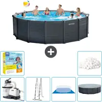 Intex runder Pool mit graphitgrauem Paneel – 478 x 124 cm – inklusive Pumpe – Leiter – Bodenplane – Abdeckung Wartungspaket - Filterbälle