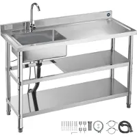 StarTech.com Edelstahl Gastro-Spültisch - Einzelbecken mit Arbeitsplatte - Maße 120 x 50 x 94 cm - Mit Wasserhahn - Zwei Ablagefächer - Freistehend - Becken rechts