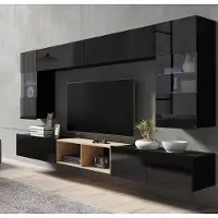 Lomadox Wohnwand Set mit 2 Hängevitrinen und LED Beleuchtung in schwarz Hochglanz mit Artisan Eiche Nb. CAIRNS-132, B/H/T ca. 300/200/43 cm
