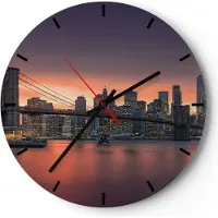 ARTTOR Wanduhr - Rund - Glasuhr - New York Brücke Nacht - 30x30cm - Schleichendes Uhrwerk - Lautlos - zum Aufhängen bereit - Dekoration Modern - Wanddekoration aus Glas - C3AR30x30-4048