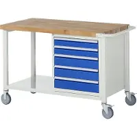 RAU Mobile Werkbank mit Ablageboden - 5 Schubladen - Vollauszug - 90:2 / 120:3 - 880 x 1.250 x 700 mm (HxBxT) - Traglast 450 kg - Buche