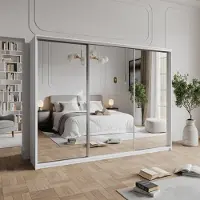 Masseno Schiebetürenschrank RIEN 250/205/60 cm Kleiderschrank mit 4 Schubladen Schlafzimmer Schrank 3-türig mit Spiegel Weiß