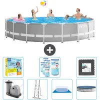 Intex Round Prism Frame Swimming Pool – 548 x 122 cm – Grau – inklusive Pumpe – Leiter – Bodenplane – Abdeckung Wartungspaket - Filter - Bodenfliesen