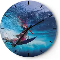 ARTTOR Wanduhr - Rund - Glasuhr - Surfen Frau Unterwasser - 40x40cm - Schleichendes Uhrwerk - Lautlos - zum Aufhängen bereit - Dekoration Modern - Wanddekoration aus Glas - C3AR40x40-4274