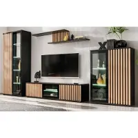 Furn.Design Wohnwand "Morgan" in schwarz und Jackson Eiche Schrankwand mit 3D-Lamellen inkl. LED