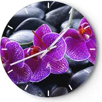 ARTTOR Wanduhr - Rund - Glasuhr - Blumen Steine Violett Aromatherapie - 30x30cm - Schleichendes Uhrwerk - Lautlos - zum Aufhängen bereit - Dekoration Modern - Wanddekoration aus Glas - C3AR30x30-0440
