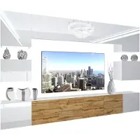 Belini Wohnwand Vollausstattung Wohnzimmer-Set Moderne Schrankwand mit LED-Beleuchtung Weiß Glänzend Anbauwand TV-Schrank Weiß / Eiche Wotan Glänzend/Matt