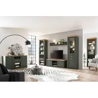 Lomadox Landhaus Wohnwand Komplett Set mit Sideboard CINCINNATI-61 in grün mit Wotan Eiche, mit Beleuchtung, B/H/T: 416/207/45cm